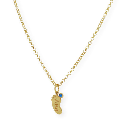 Colgante Pie con Nombre y con Piedra de Color en Plata 925 y Baño de Oro Rosa 18k