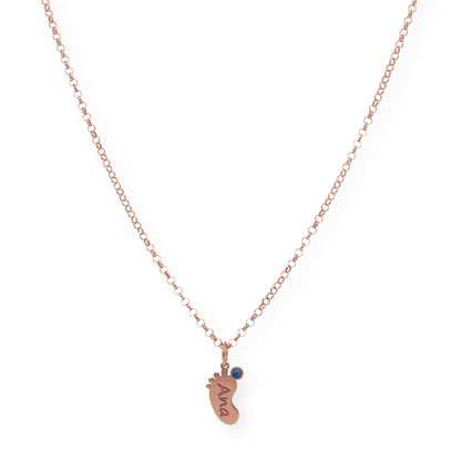 Colgante Pie con Nombre y con Piedra de Color en Plata 925 y Baño de Oro Rosa 18k