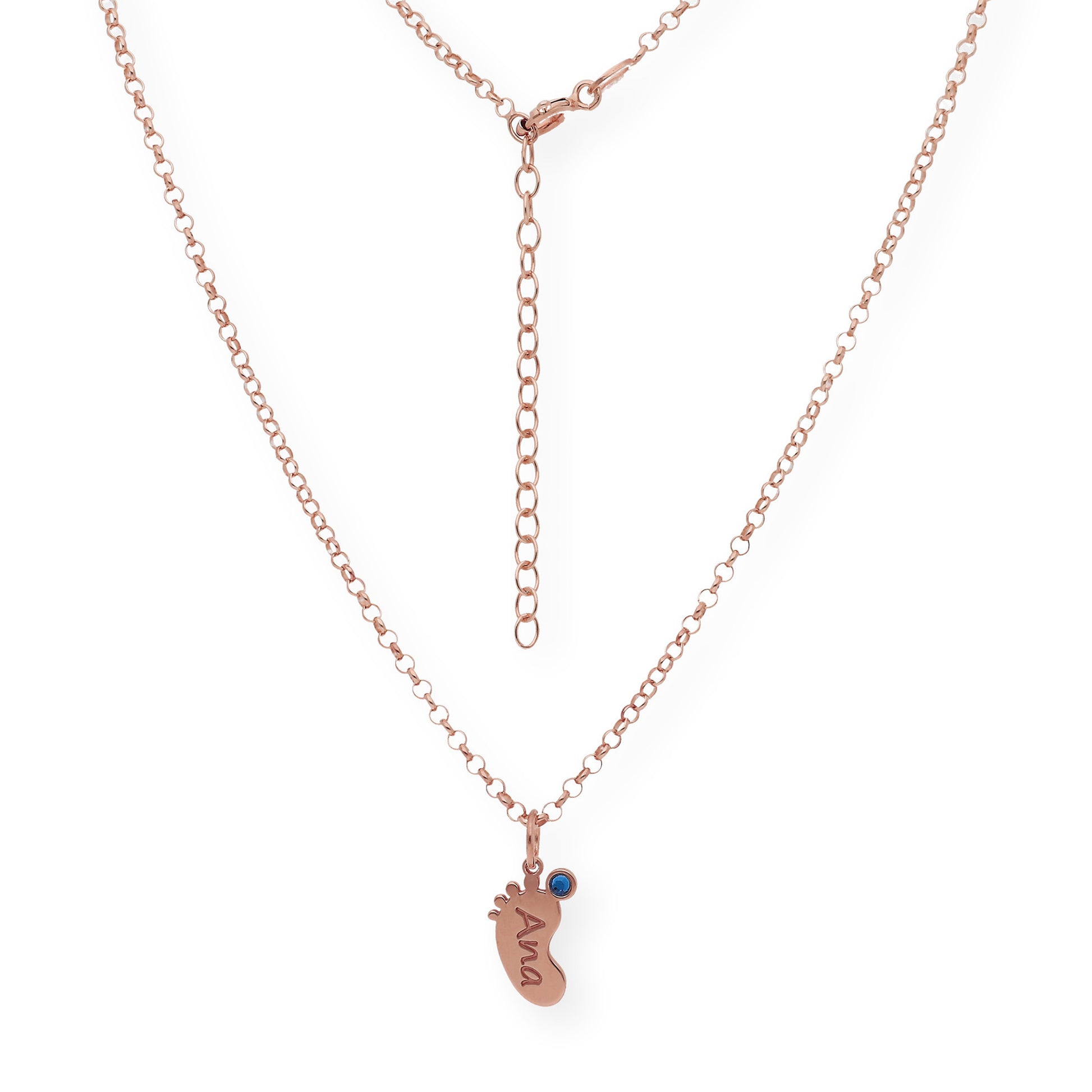 Colgante Pie con Nombre y con Piedra de Color en Plata 925 y Baño de Oro Rosa 18k