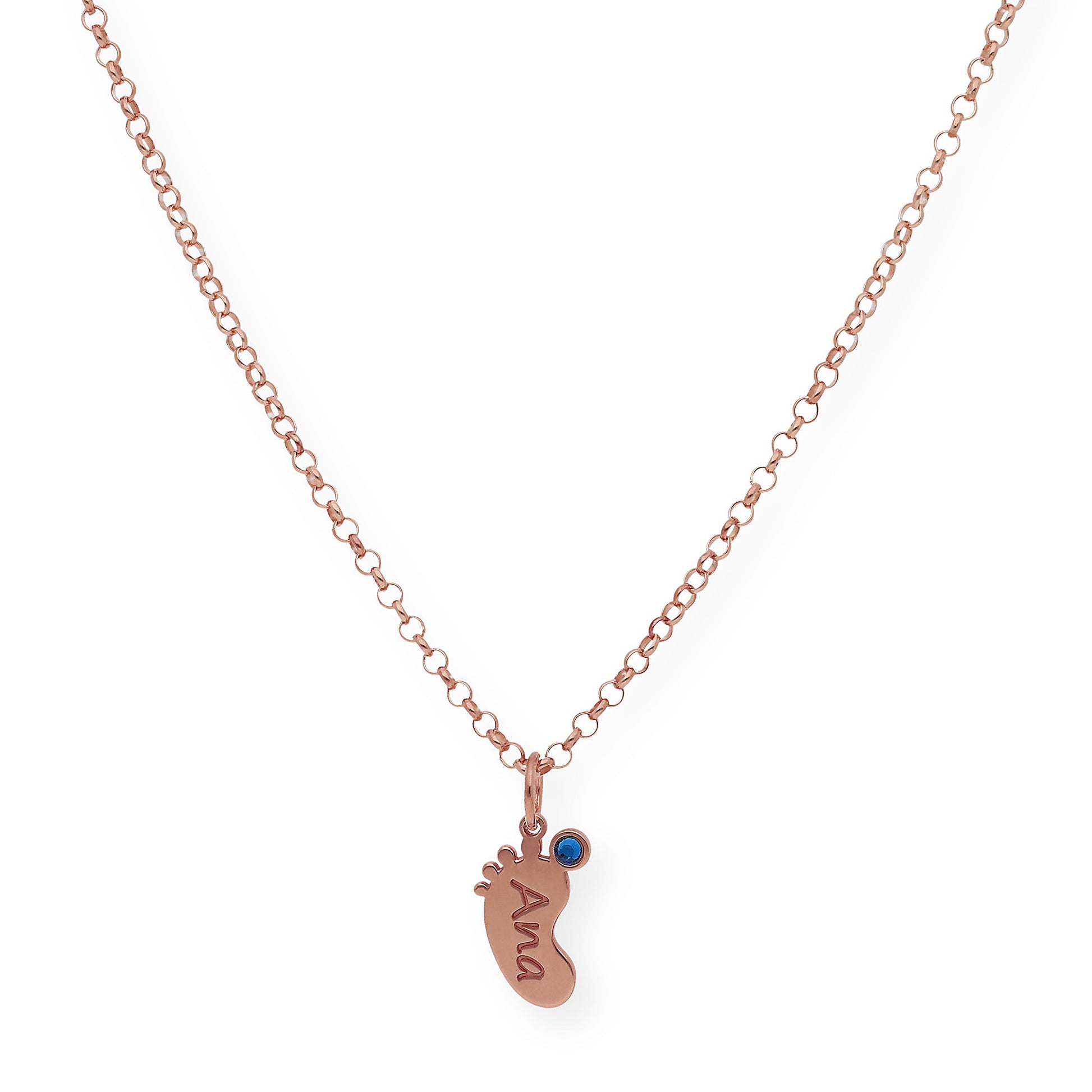 Colgante Pie con Nombre y con Piedra de Color en Plata 925 y Baño de Oro Rosa 18k
