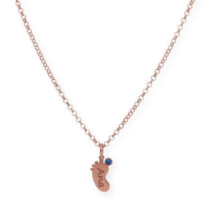 Colgante Pie con Nombre y con Piedra de Color en Plata 925 y Baño de Oro Rosa 18k