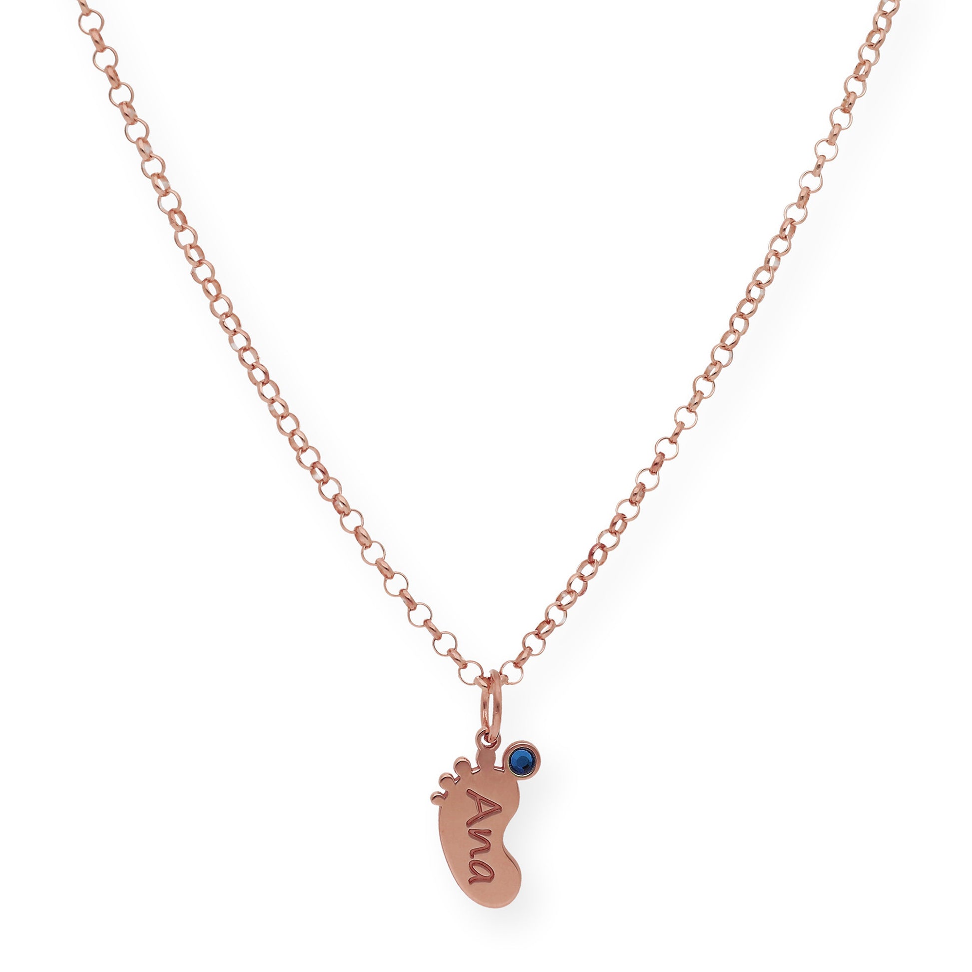 Colgante Pie con Nombre y con Piedra de Color en Plata 925 y Baño de Oro Rosa 18k