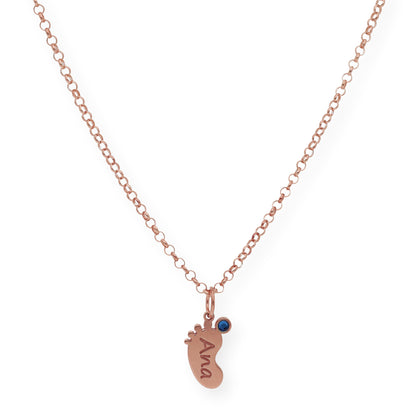 Colgante Pie con Nombre y con Piedra de Color en Plata 925 y Baño de Oro Rosa 18k