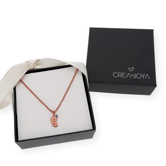 Colgante Pie con Nombre y con Piedra de Color en Plata 925 y Baño de Oro Rosa 18k
