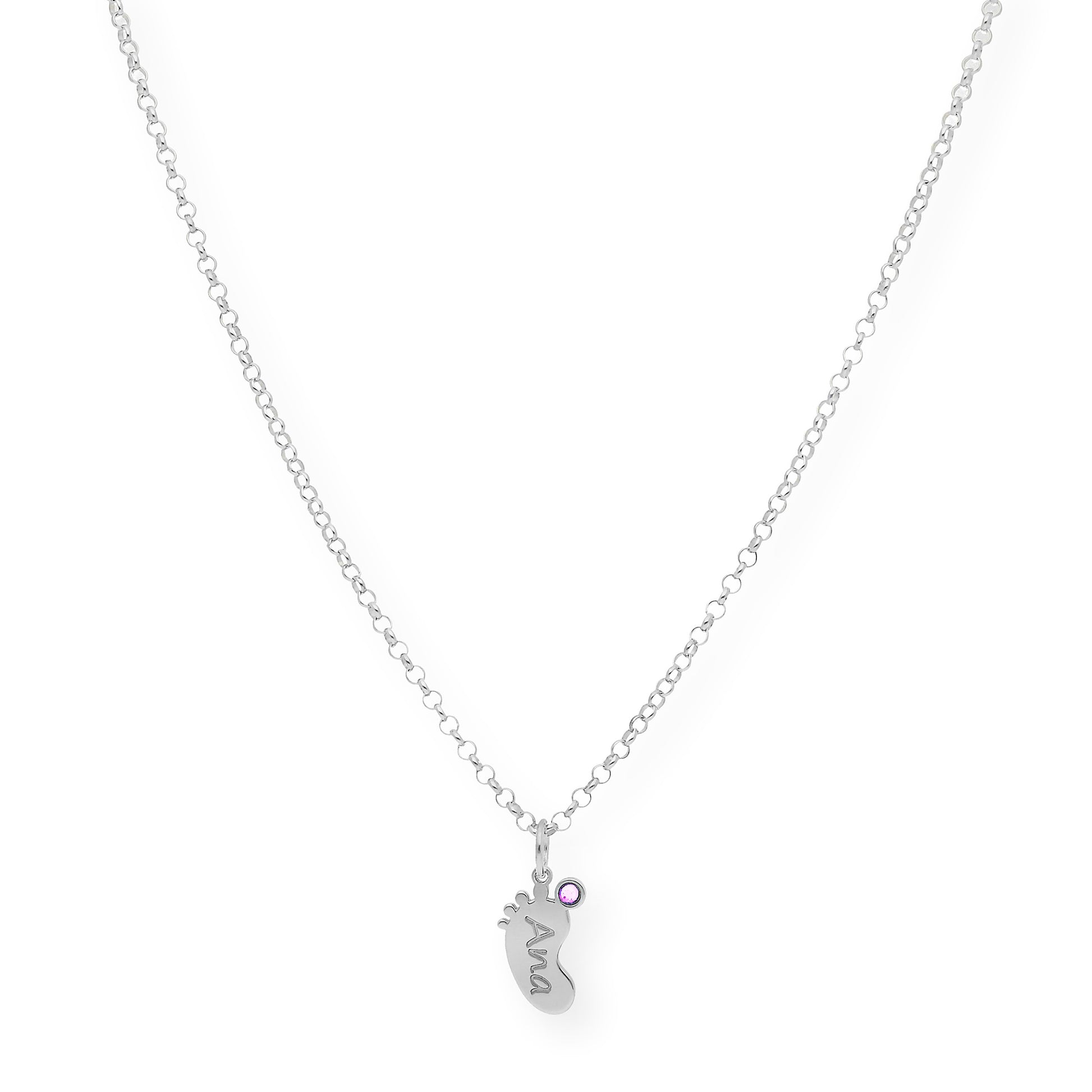 Colgante Pie con Nombre y con Piedra de Color en Plata 925 y Baño de Oro Rosa 18k