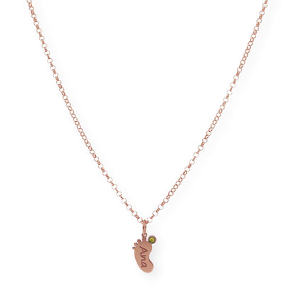 Colgante Pie con Nombre y con Piedra de Color en Plata 925 y Baño de Oro Rosa 18k