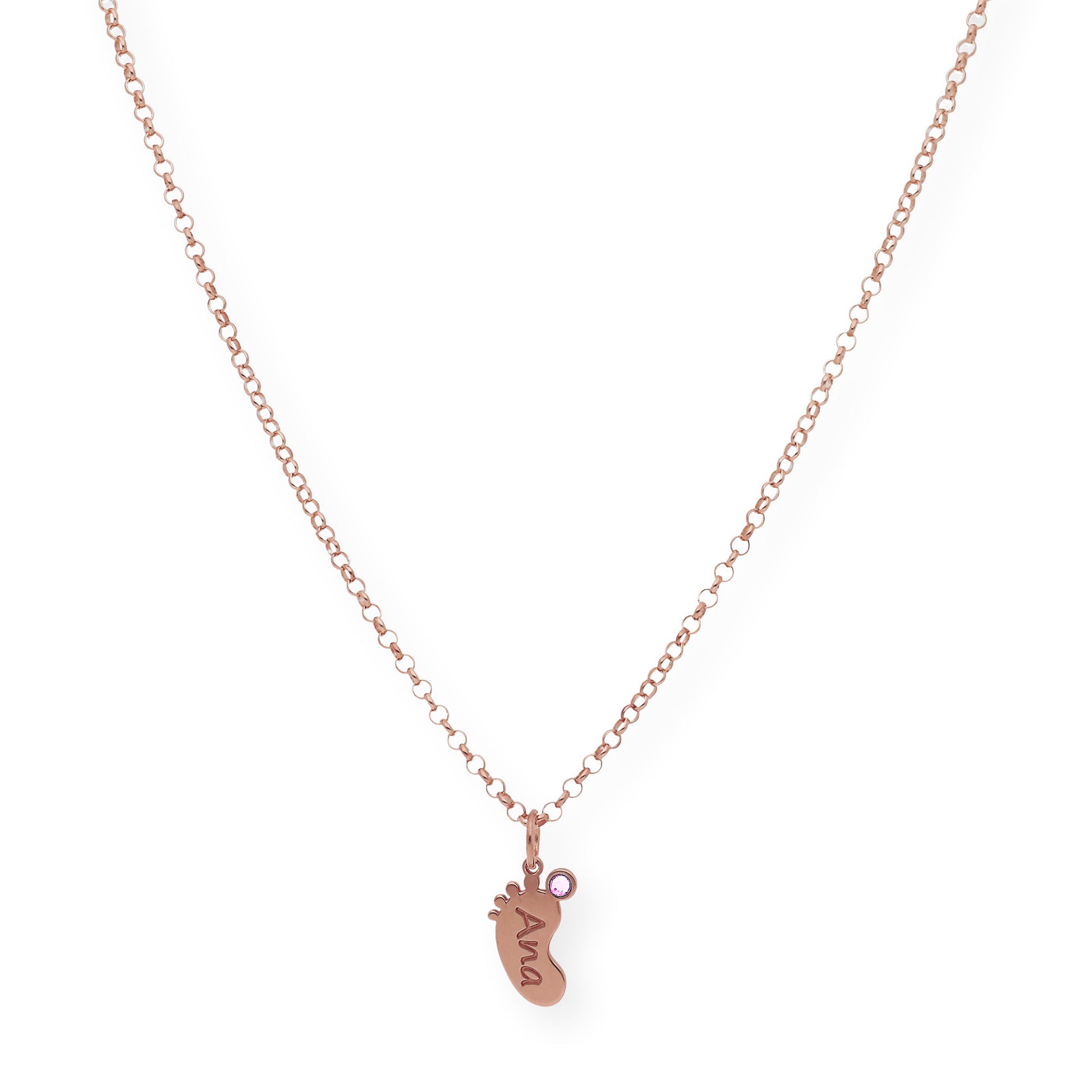 Colgante Pie con Nombre y con Piedra de Color en Plata 925 y Baño de Oro Rosa 18k