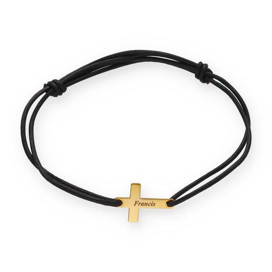Pulsera Cruz en Plata 925 con Baño Oro 18k y Cuero