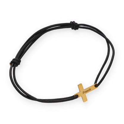 Pulsera Cruz en Plata 925 con Baño Oro 18k y Cuero