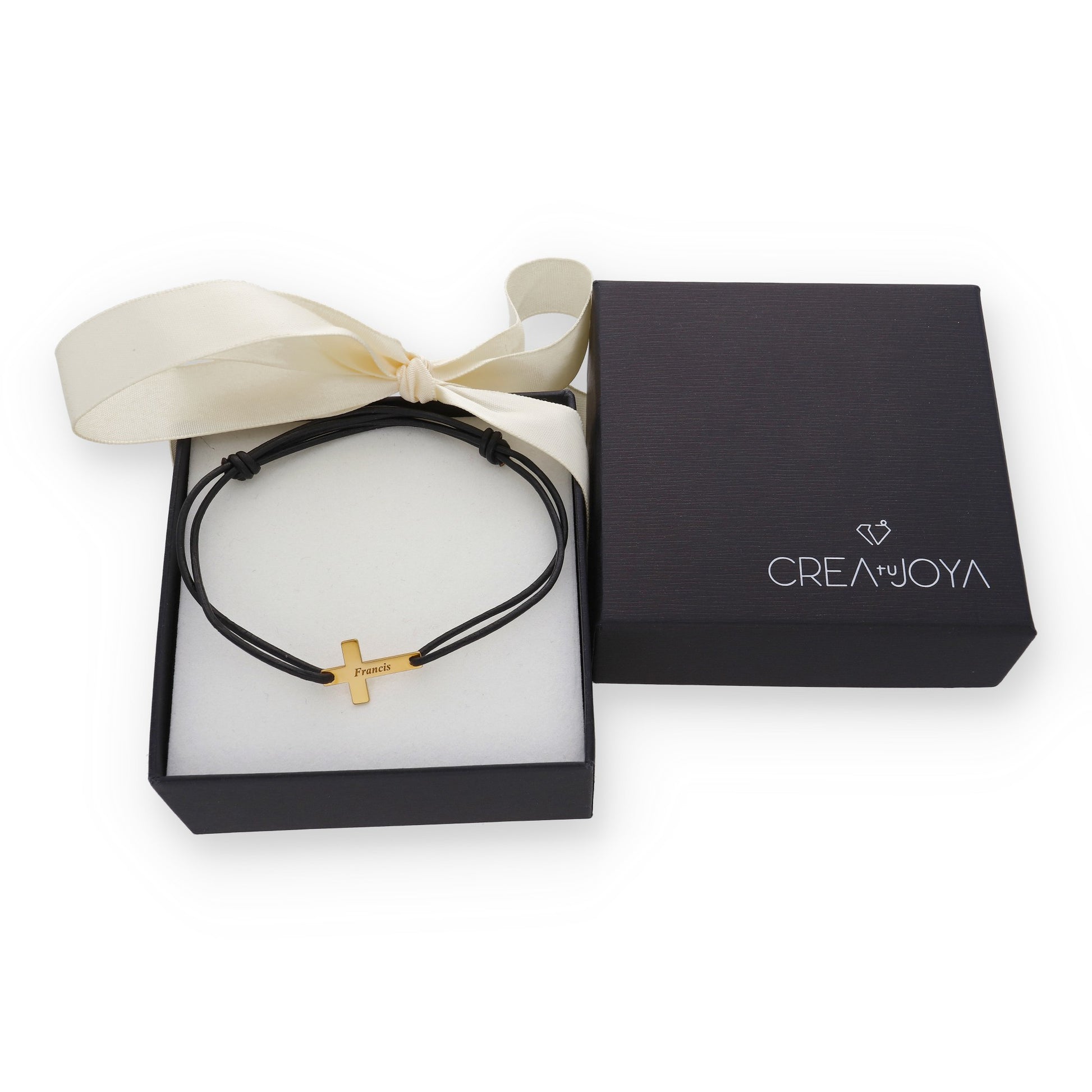 Pulsera Cruz en Plata 925 con Baño Oro 18k y Cuero