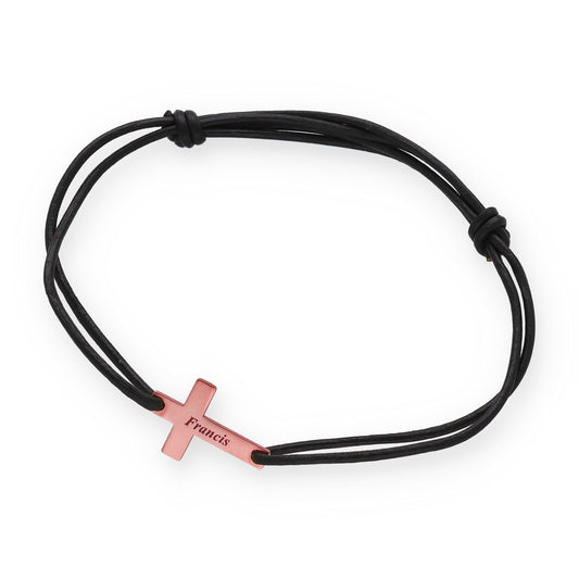 Pulsera Cruz en Plata 925 con Baño de Oro rosa 18k y Cuero