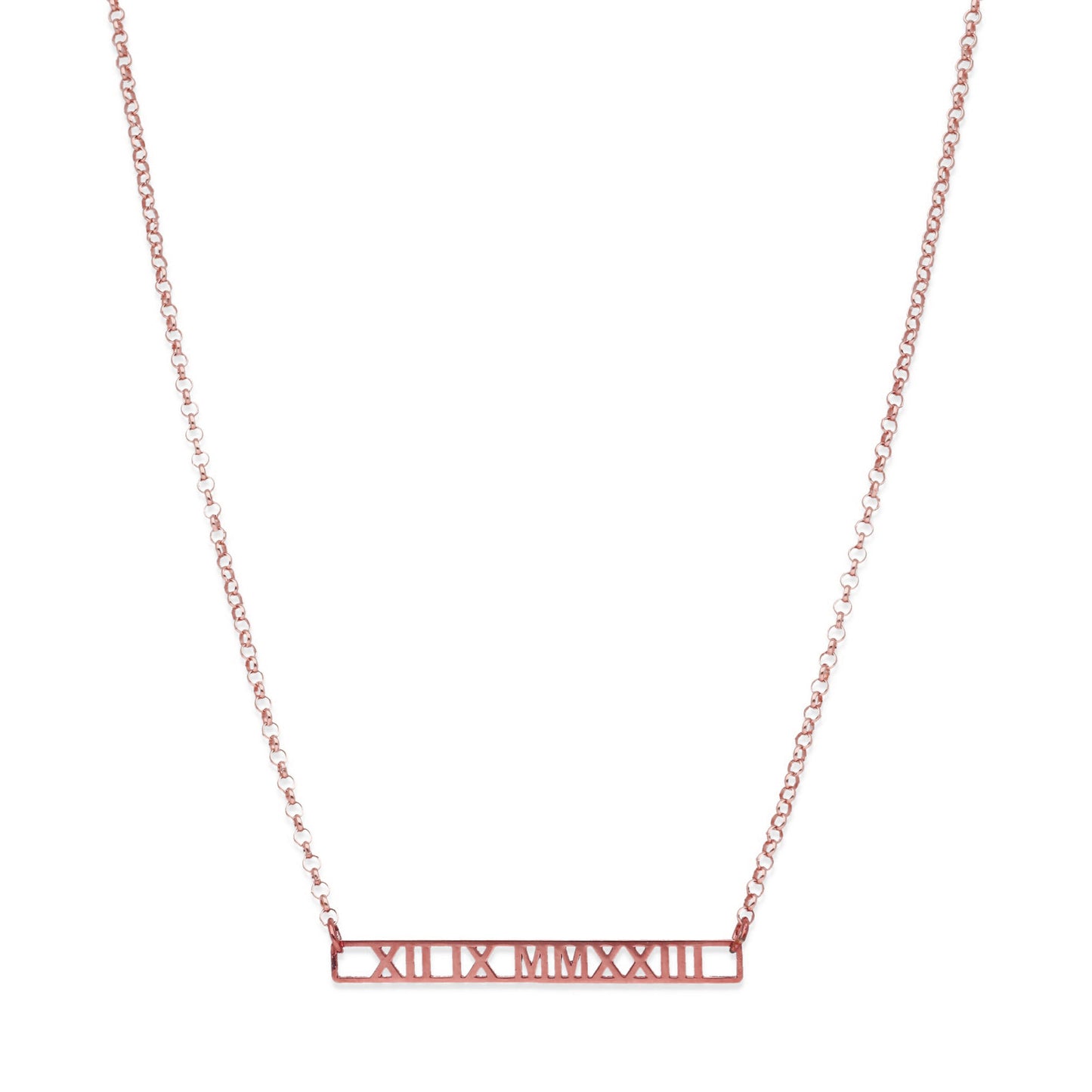 Collar Minerva Fecha Números Romanos en Plata 925 y Baño Oro Rosa 18k