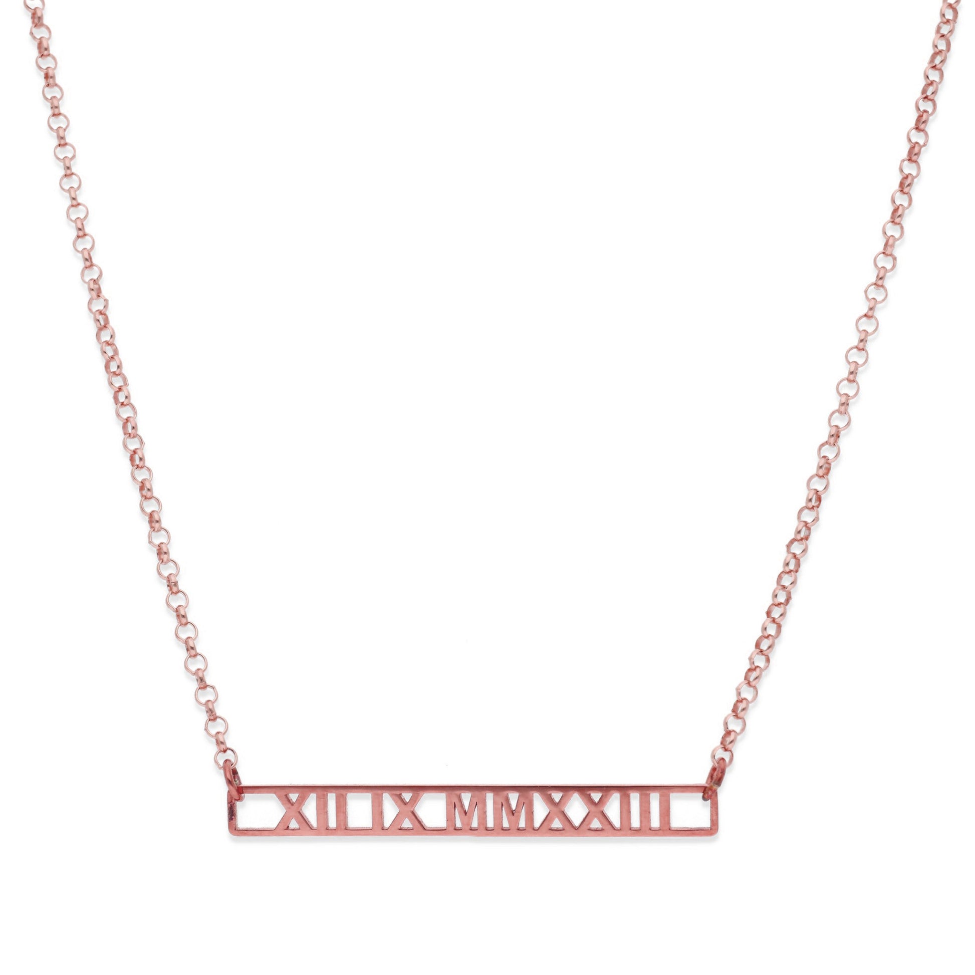 Collar Minerva Fecha Números Romanos en Plata 925 y Baño Oro Rosa 18k