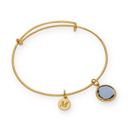 Pulsera Olinda rígida Dije Inicial y piedra color en Plata 925 y Baño Oro 18k