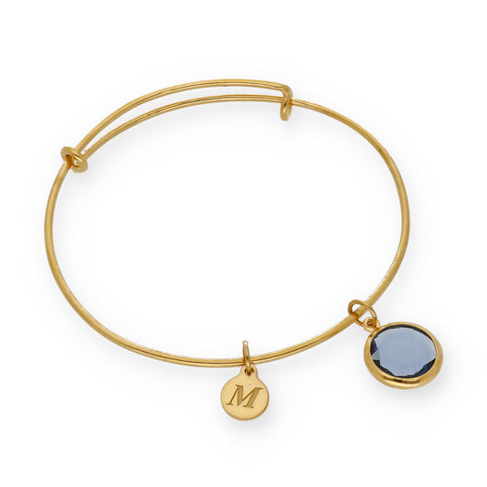 Pulsera Olinda rígida Dije Inicial y piedra color en Plata 925 y Baño Oro 18k