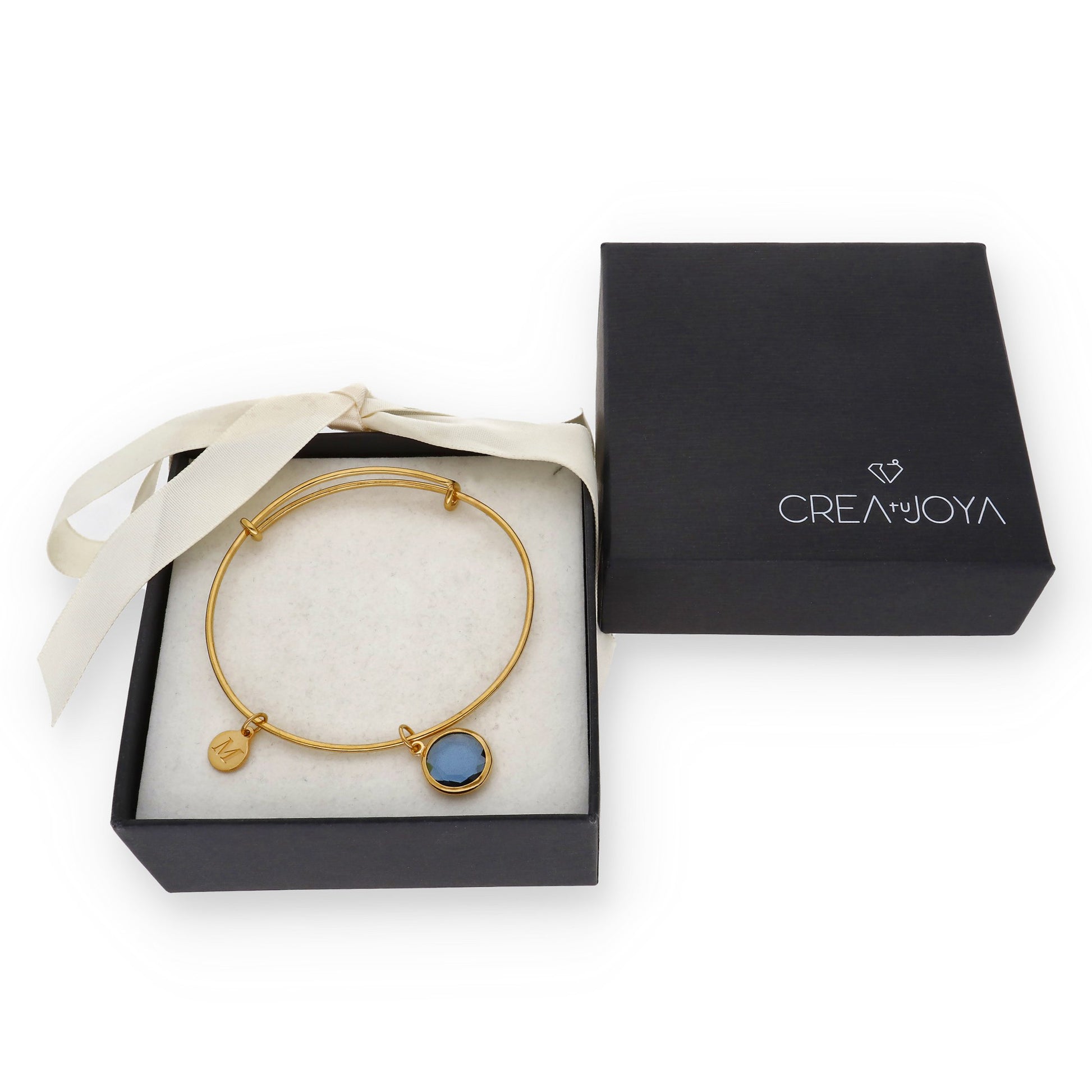 Pulsera Olinda rígida Dije Inicial y piedra color en Plata 925 y Baño Oro rosa 18k