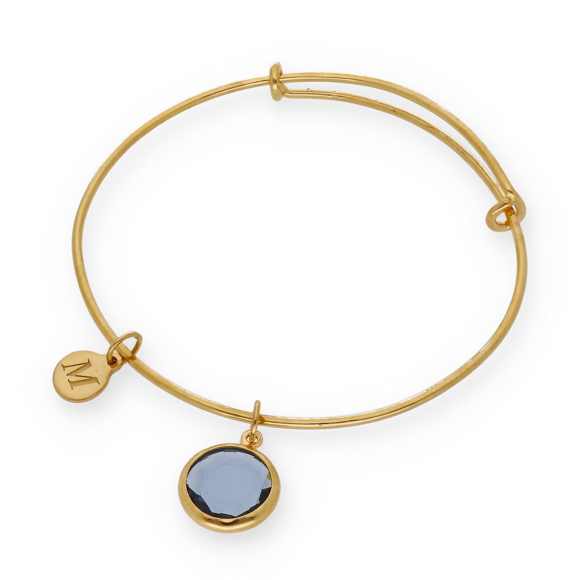 Pulsera Olinda rígida Dije Inicial y piedra color en Plata 925 y Baño Oro rosa 18k