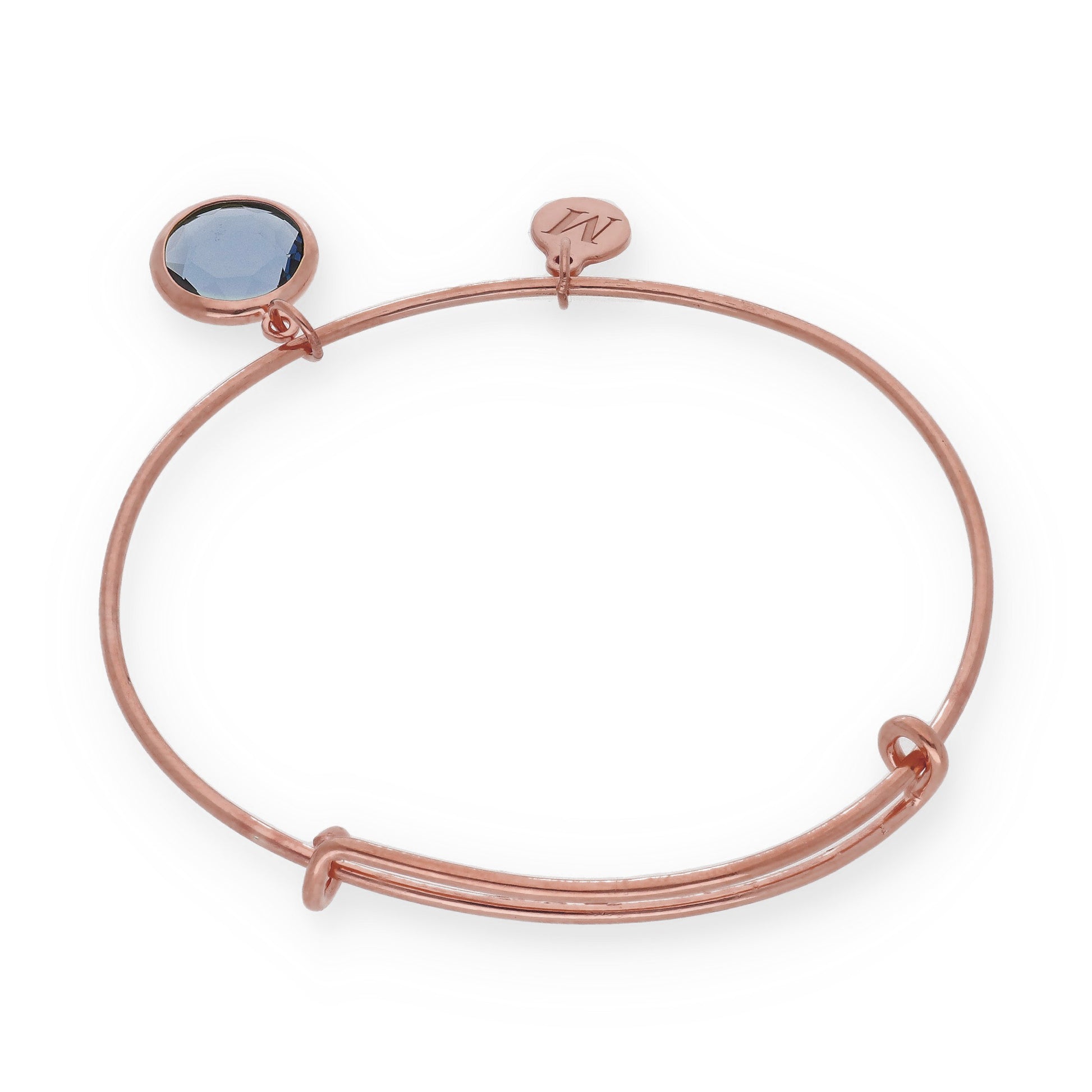 Pulsera Olinda rígida Dije Inicial y piedra color en Plata 925 y Baño Oro rosa 18k