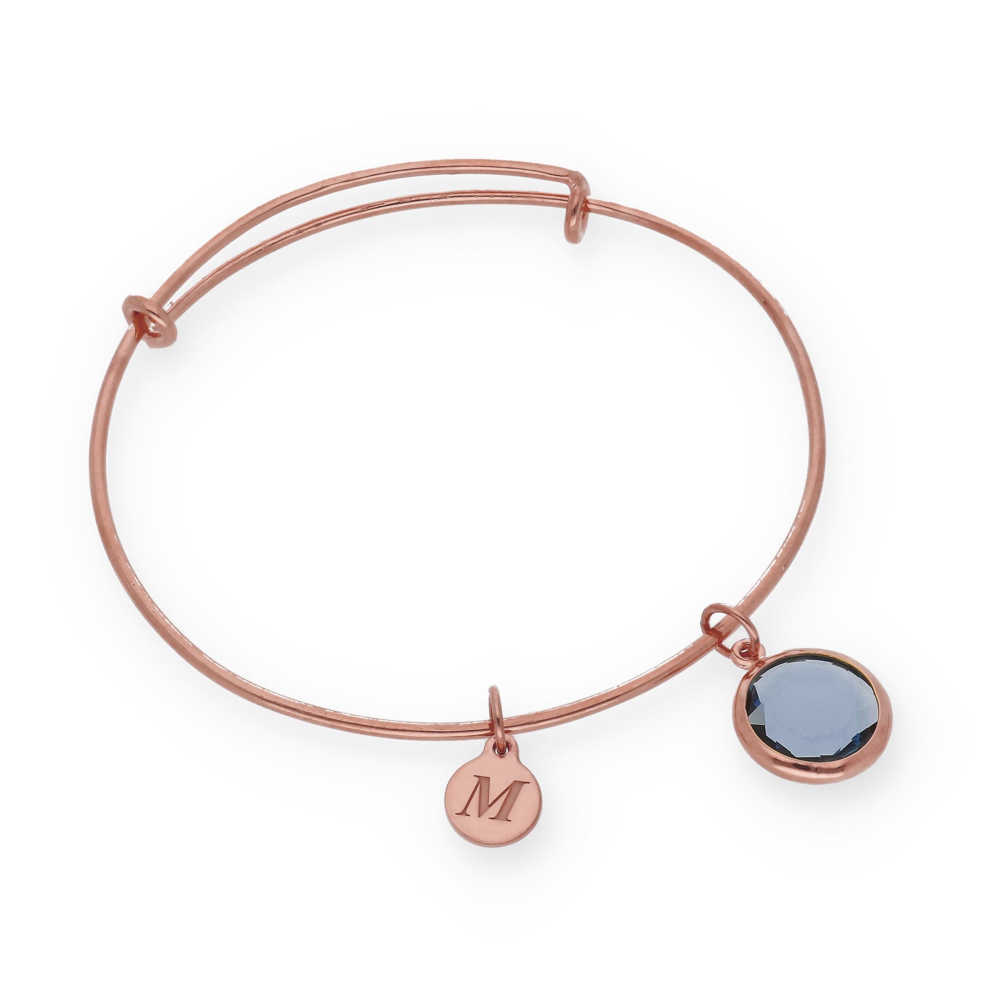 Pulsera Olinda rígida Dije Inicial y piedra color en Plata 925 y Baño Oro rosa 18k