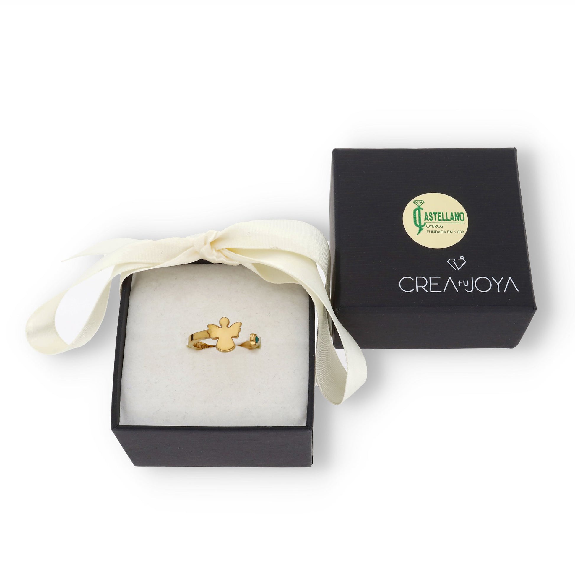 Anillo Ángel Nombre y Piedra Color en Plata de Ley 925 y Baño Oro rosa18k