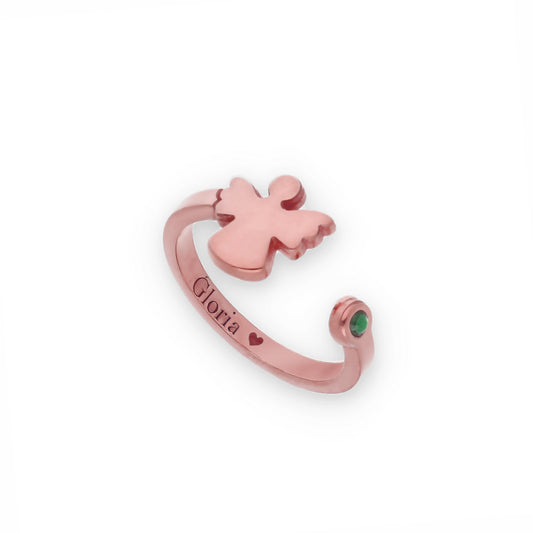 Anillo Ángel Nombre y Piedra Color en Plata de Ley 925 y Baño Oro rosa18k