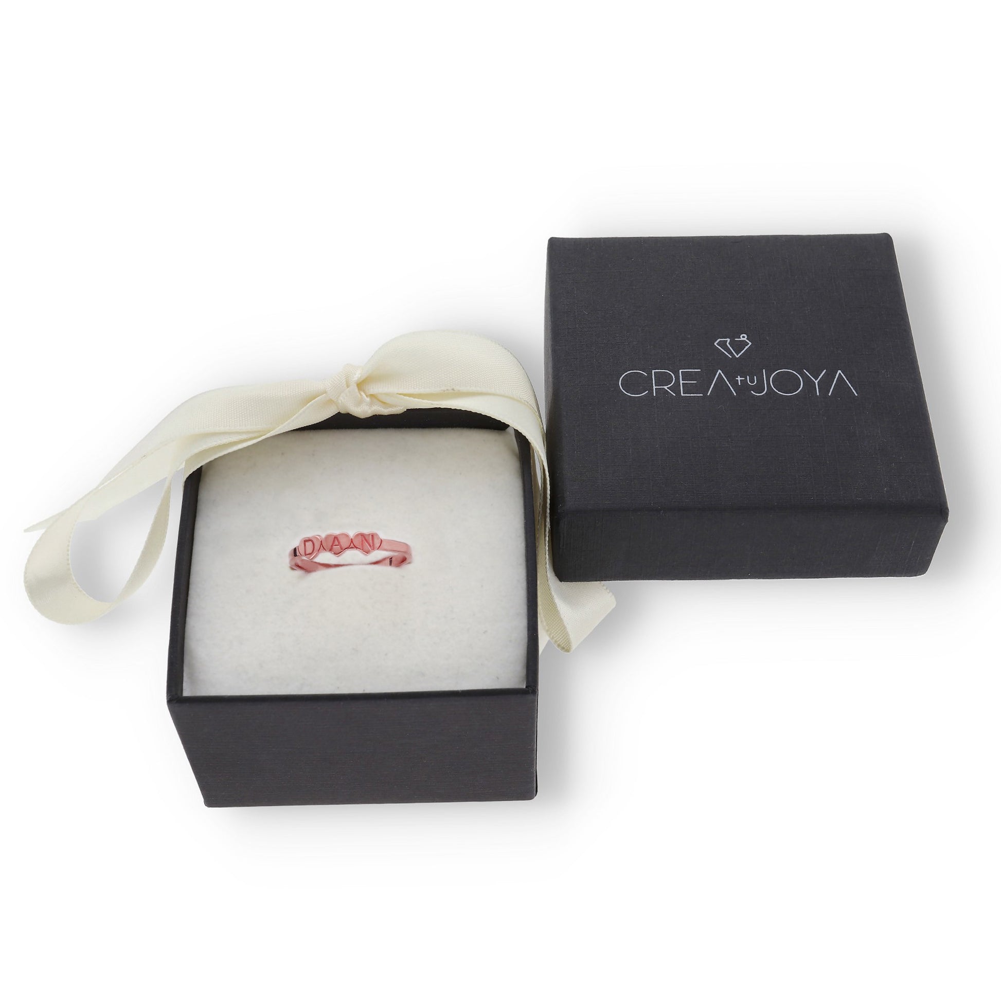 Anillo Dina Corazones letras en Plata 925 con Baño de Oro Rosa 18k