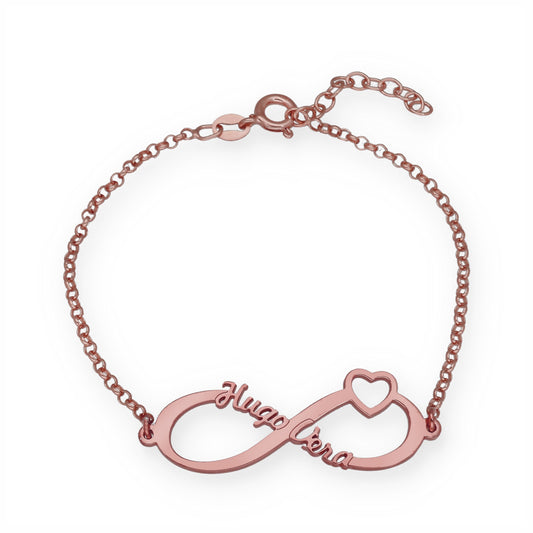 Pulsera Cuore Infinito Nombres en Plata de Ley 925 con baño Oro rosa 18k