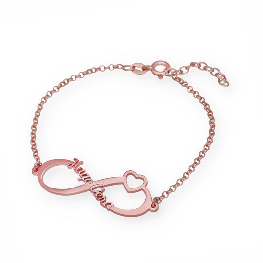 Pulsera Cuore Infinito Nombres en Plata de Ley 925 con baño Oro rosa 18k