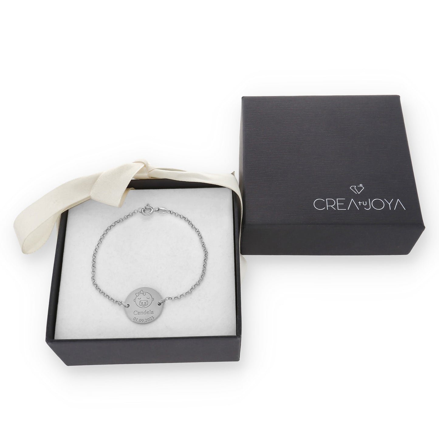 Pulsera Baby Nombre y fecha en Plata de Ley 925 y baño Oro 18k