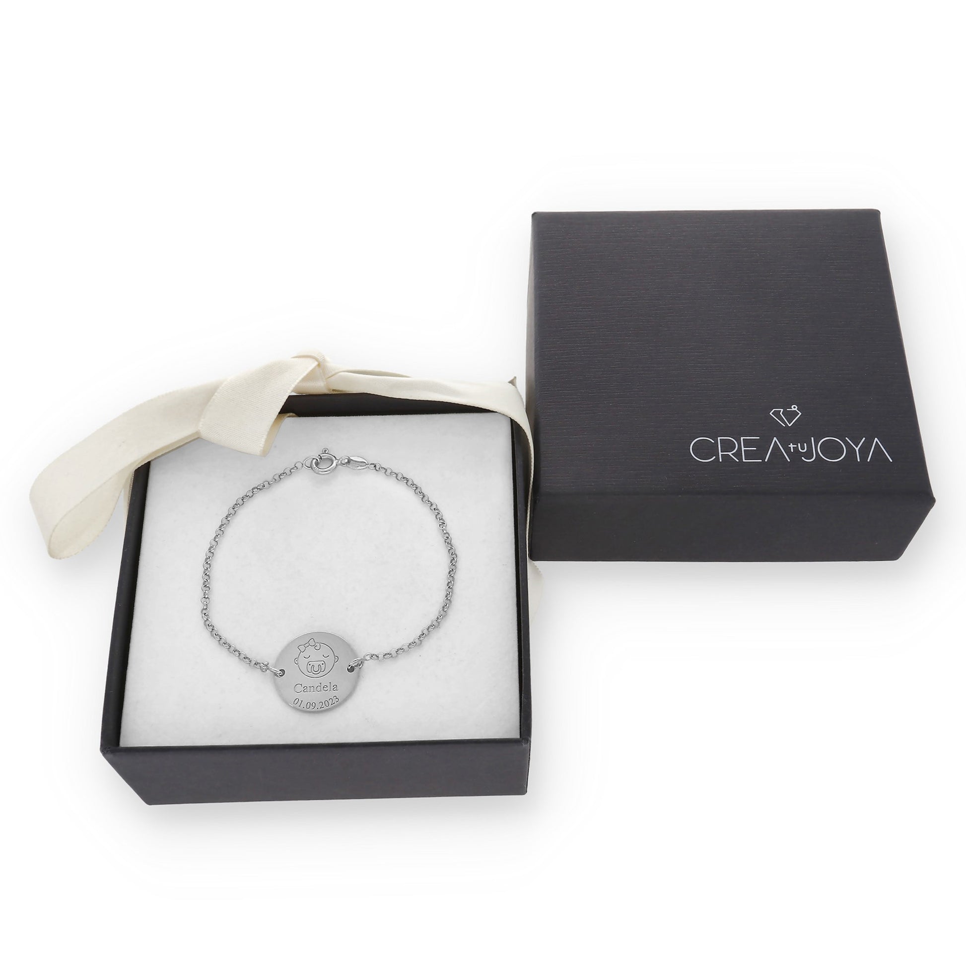 Pulsera Baby Nombre y fecha en Plata de Ley 925 y baño Oro 18k