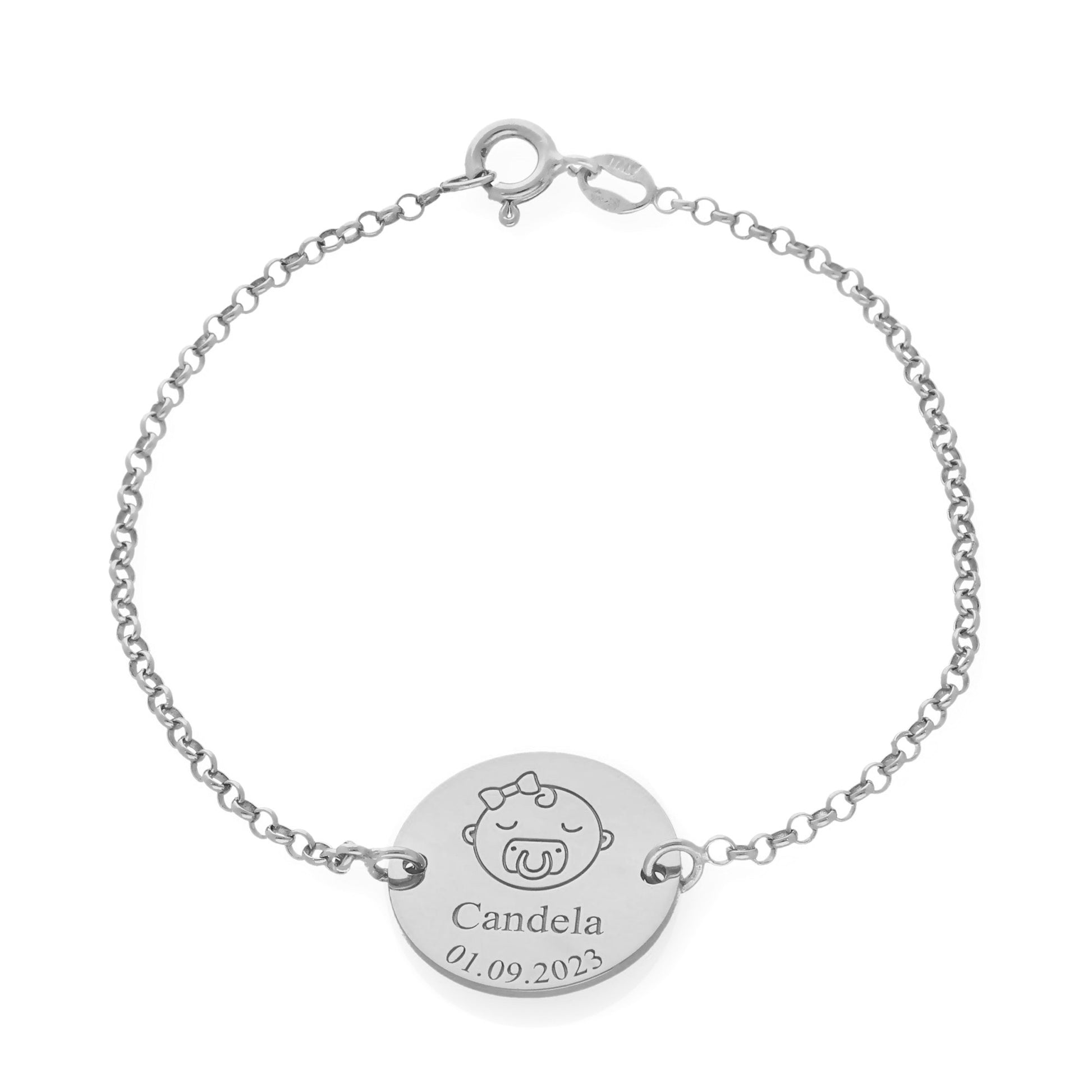 Pulsera Baby Nombre y fecha en Plata de Ley 925 y baño Oro 18k