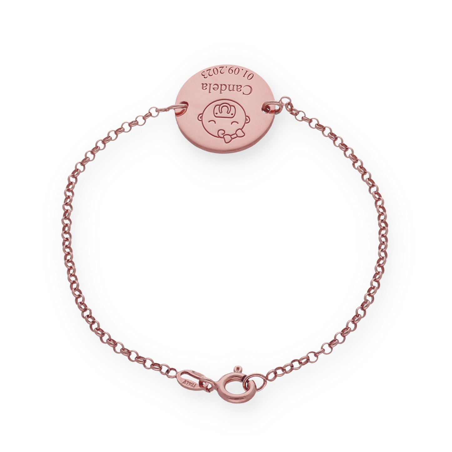 Pulsera Baby Nombre y fecha en Plata de Ley 925 y baño Oro 18k
