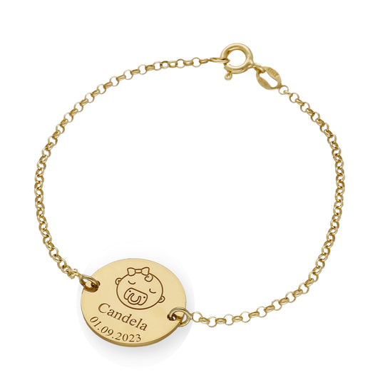 Pulsera Baby Nombre y fecha en Plata de Ley 925 y baño Oro 18k