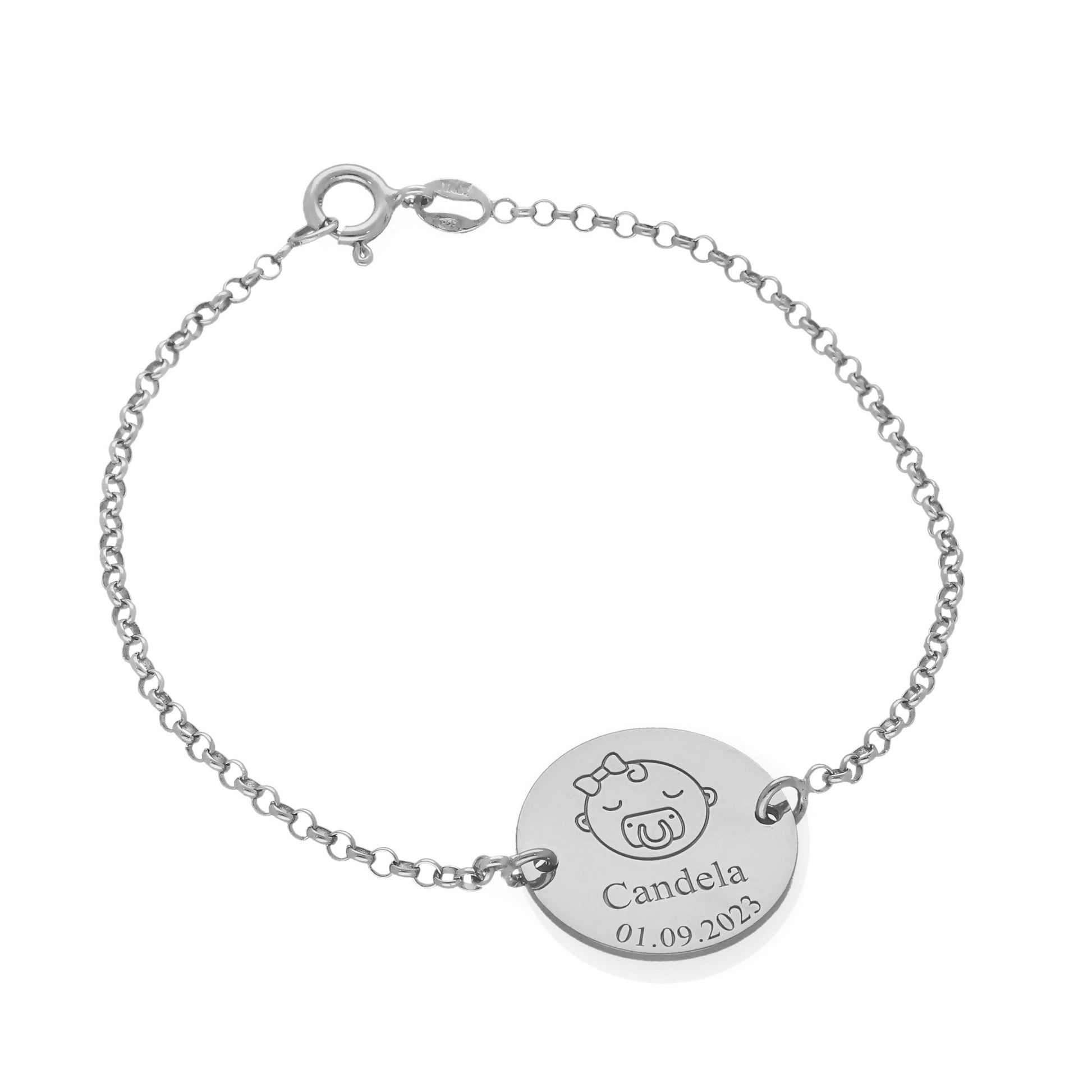 Pulsera Baby Nombre y fecha en Plata de Ley 925 y baño Oro rosa 18k.