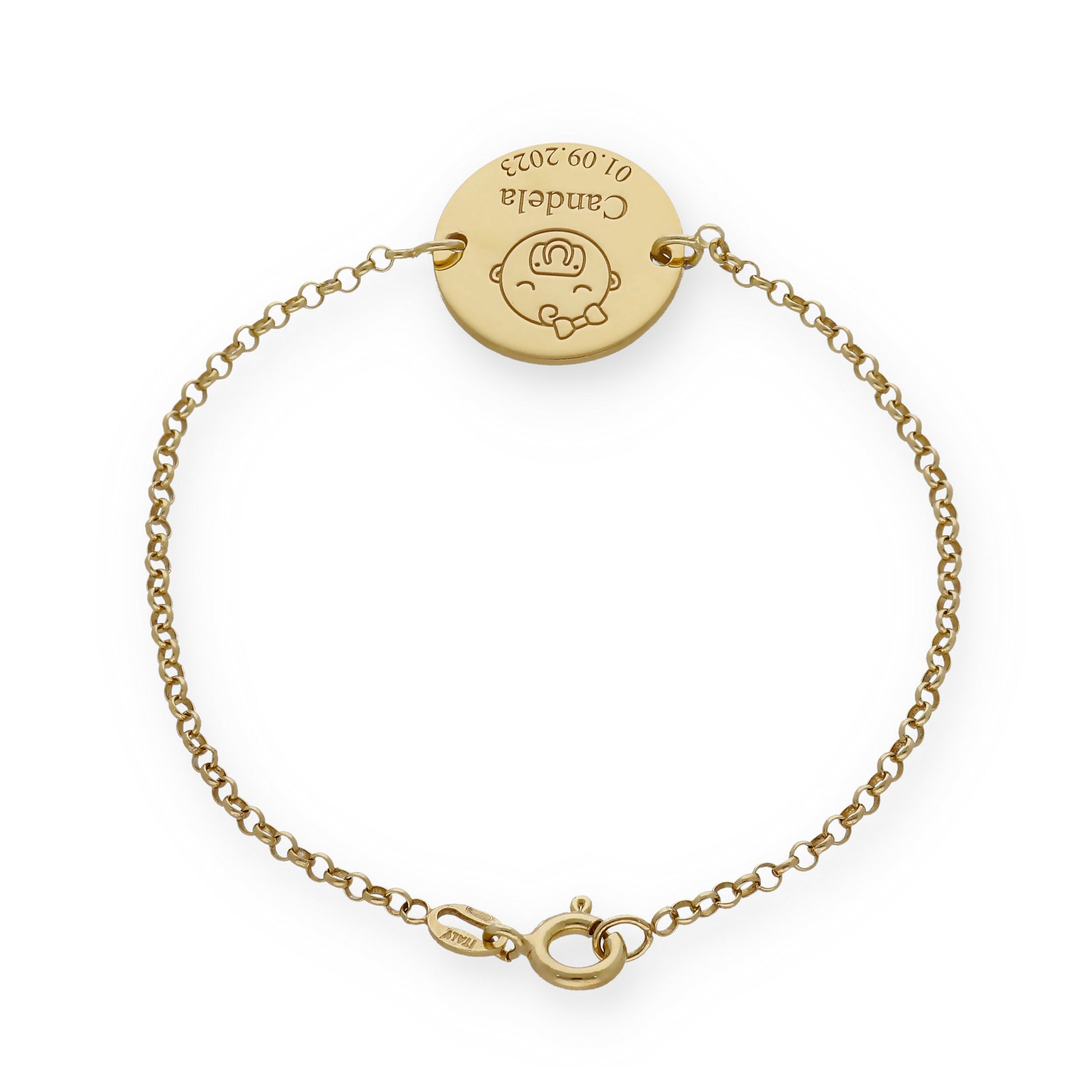 Pulsera Baby Nombre y fecha en Plata de Ley 925 y baño Oro rosa 18k.