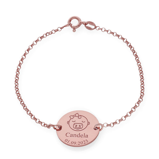 Pulsera Baby Nombre y fecha en Plata de Ley 925 y baño Oro rosa 18k.