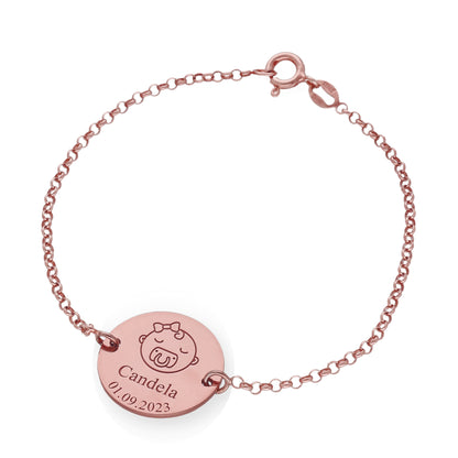 Pulsera Baby Nombre y fecha en Plata de Ley 925 y baño Oro rosa 18k.