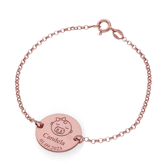 Pulsera Baby Nombre y fecha en Plata de Ley 925 y baño Oro rosa 18k.