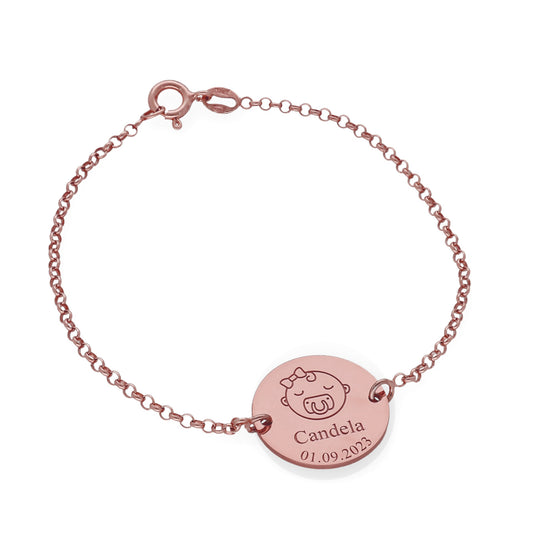 Pulsera Baby Nombre y fecha en Plata de Ley 925 y baño Oro rosa 18k.