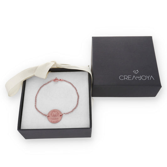 Pulsera Baby Nombre y fecha en Plata de Ley 925 y baño Oro rosa 18k.