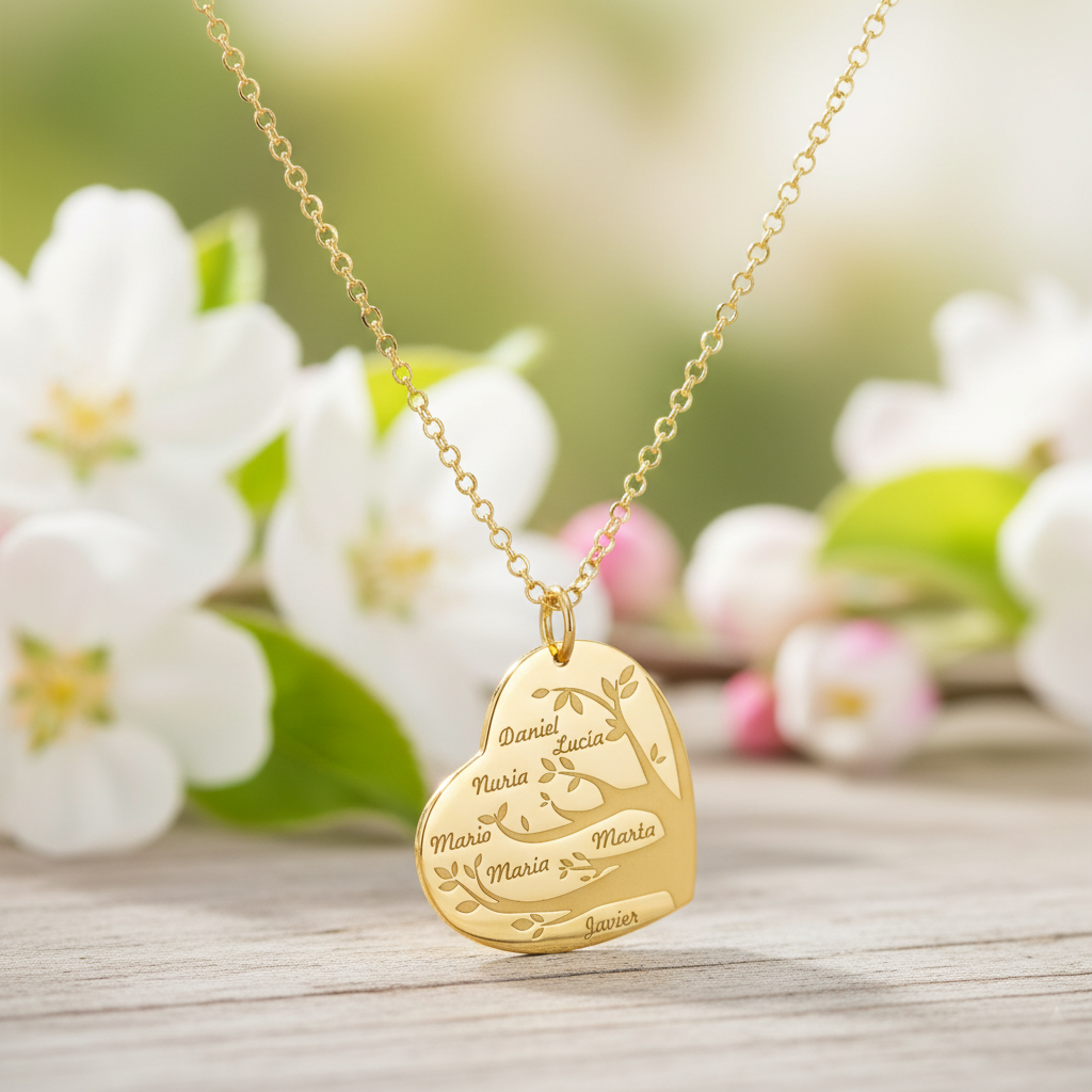 Collar Flora Corazón y árbol con nombres en Plata 925 y Baño Oro 18k