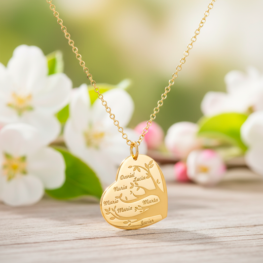 Collar Flora Corazón y árbol con nombres en Plata 925 y Baño Oro 18k