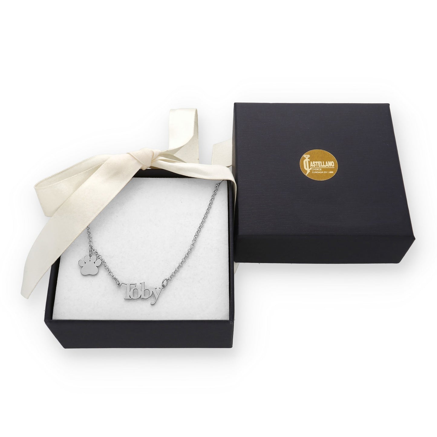 Colgante Toby nombre y huella en Plata de Ley 925 y baño Oro 18k