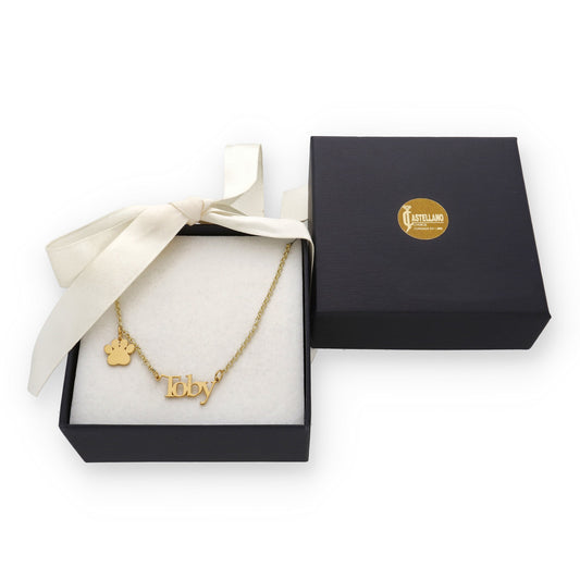 Colgante Toby nombre y huella en Plata de Ley 925 y baño Oro 18k