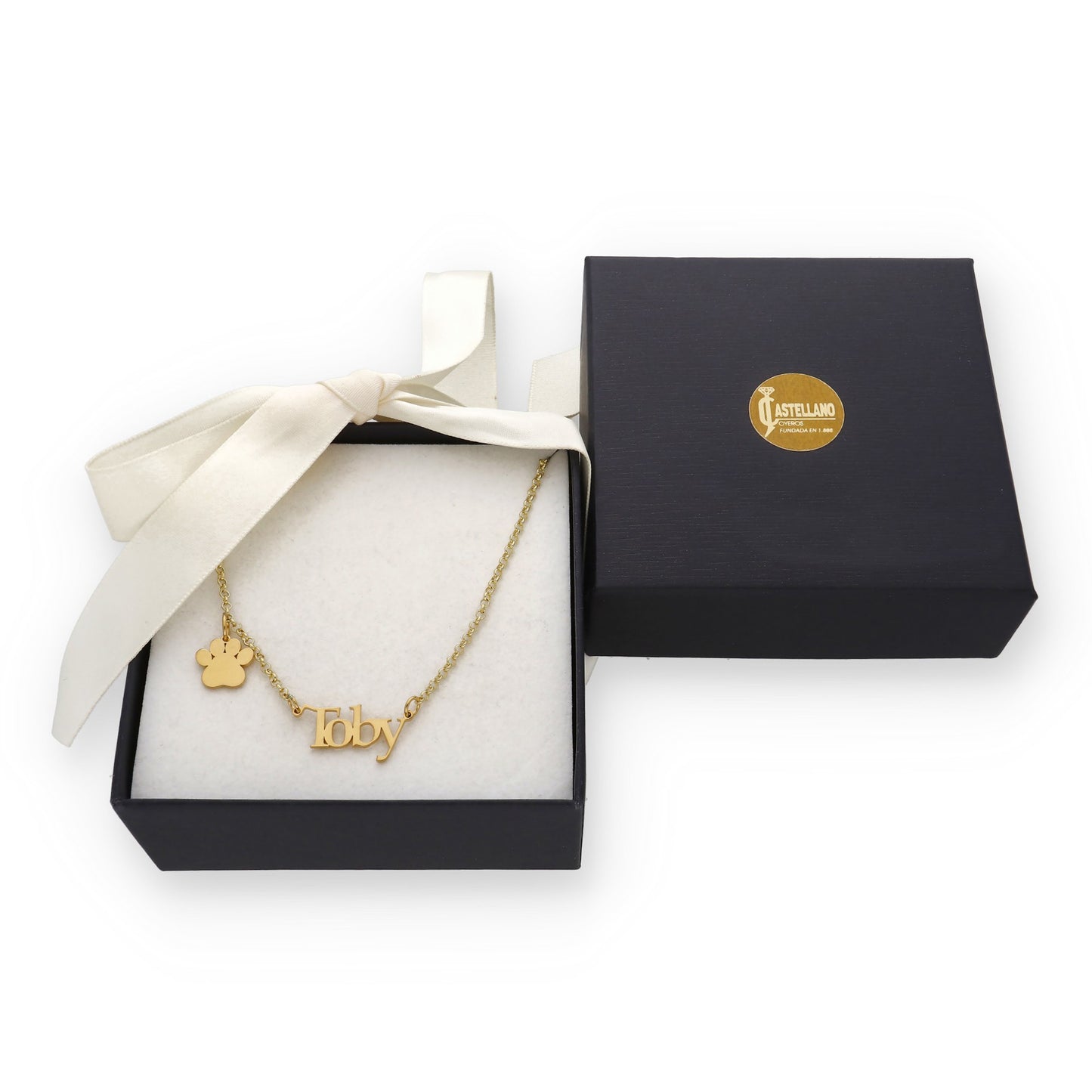 Colgante Toby nombre y huella en Plata de Ley 925 y baño Oro rosa 18k