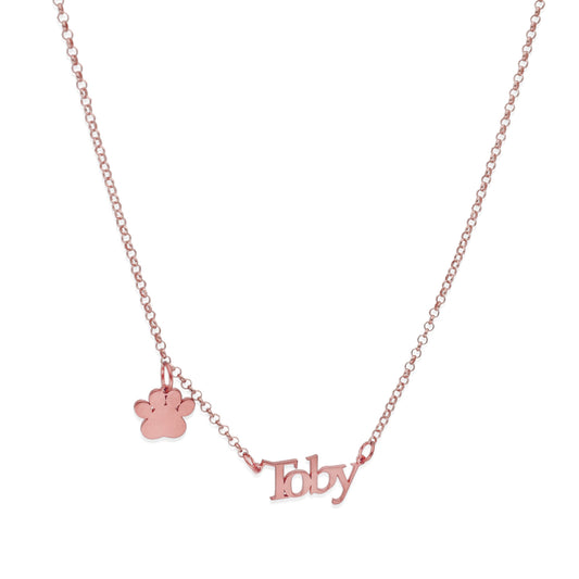 Colgante Toby nombre y huella en Plata de Ley 925 y baño Oro rosa 18k