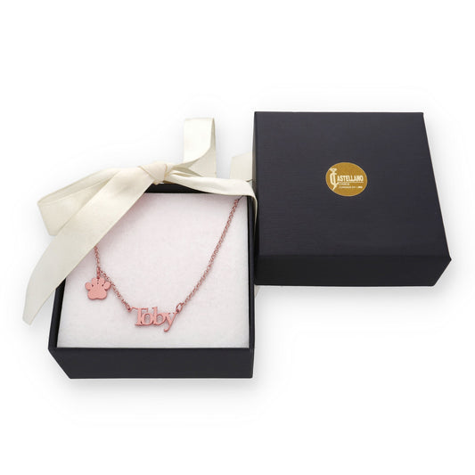 Colgante Toby nombre y huella en Plata de Ley 925 y baño Oro rosa 18k