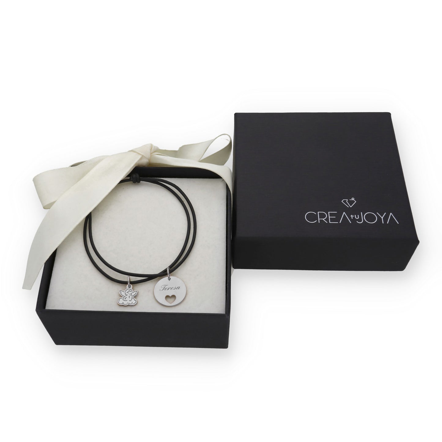 Pulsera Angelito macramé dije con nombre en Plata de Ley 925 y baño Oro rosa 18k