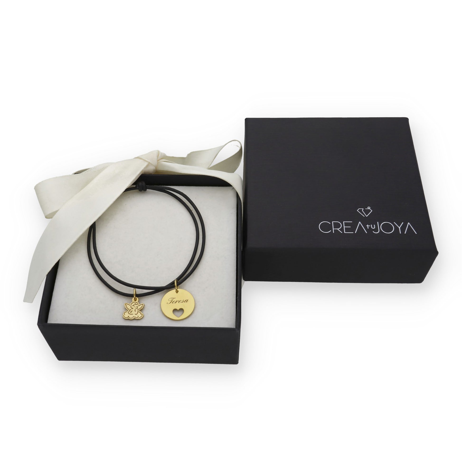 Pulsera Angelito macramé dije con nombre en Plata de Ley 925 y baño Oro rosa 18k