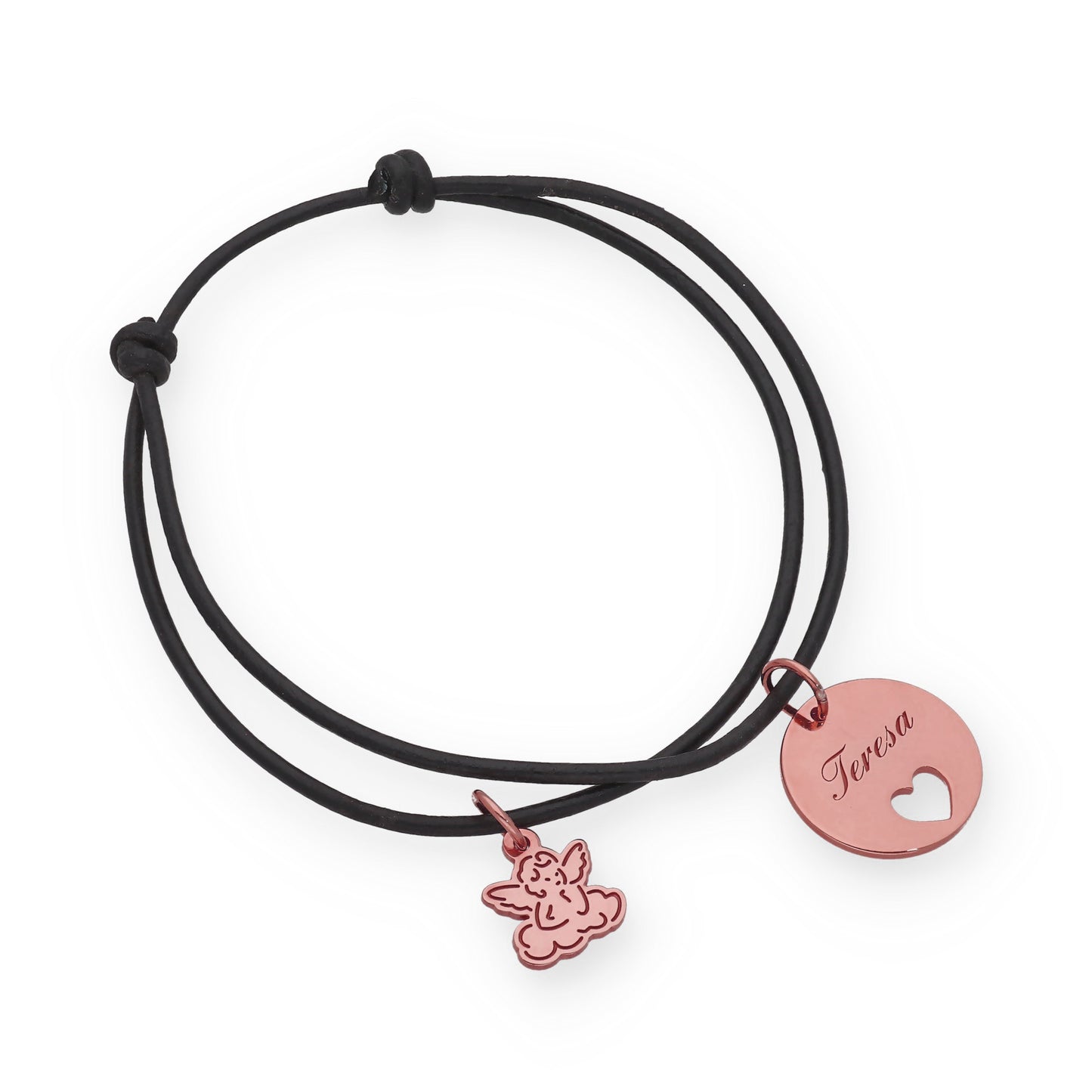 Pulsera Angelito macramé dije con nombre en Plata de Ley 925 y baño Oro rosa 18k